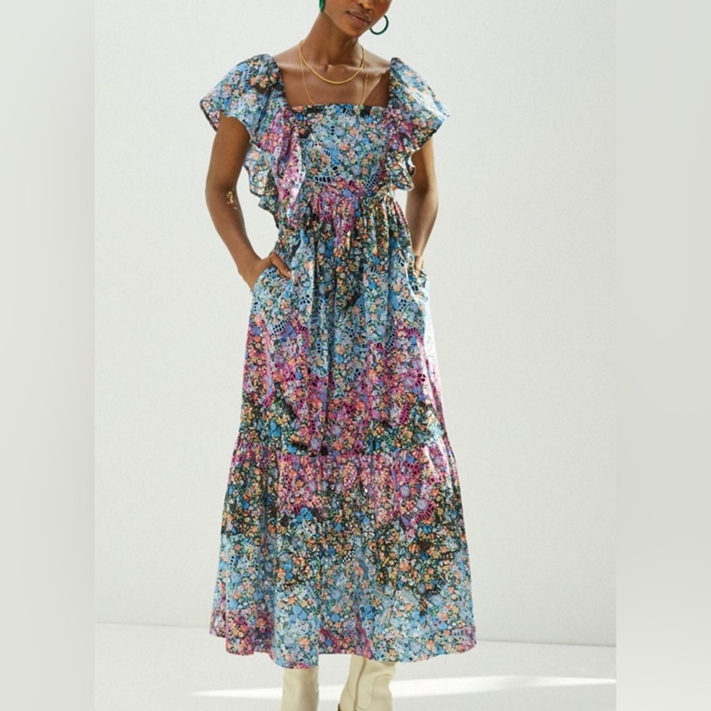 Anthropologie eyelet ruffle Floral Somerset Maxi Dress Blue and Pink